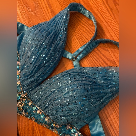 Vintage Y2K Dress Sequin Beaded Gown Slip Dress Cut Out Prom Dress Backless Blue - Picture 10 of 16